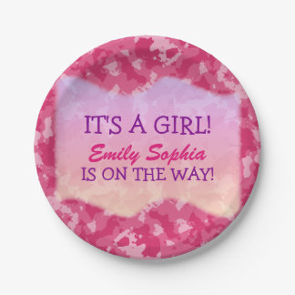 Baby Girl - Pink Camouflage Themed Baby Dusche Pappteller