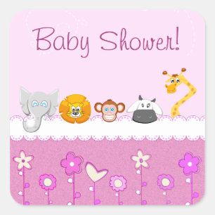Baby Girl Pink Cartoon Animals Quadratischer Aufkleber