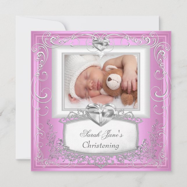 Baby Girl Pink Christening Taufe Kreuz Weiß Ankündigung (Vorderseite)