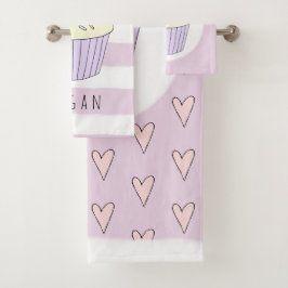 Baby Girl Pink Doodle Cupcake Herzmuster Name Badhandtuch Set