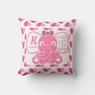 Baby Girl Pink Elephant Birth Stats Herz Kissen