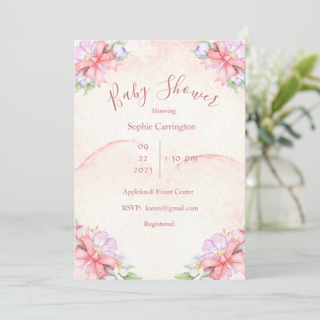 Baby Girl Pink Floral Watercolor Babydusche Einladung (Stehend Vorderseite)