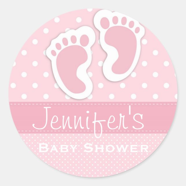 Baby Girl Pink Footprint Polka Dot Shower Stickers (Vorderseite)