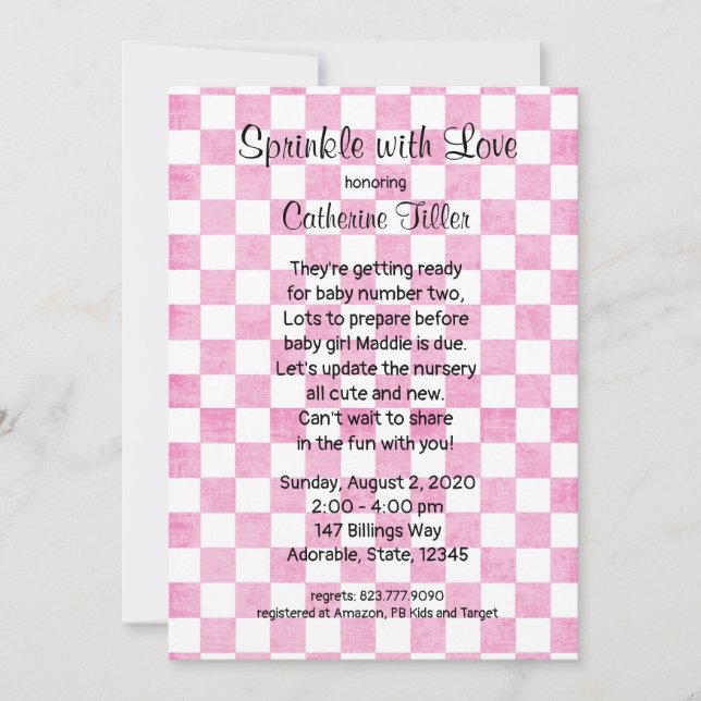 Baby Girl Pink Gingham Sprinkle Dusche Einladung (Vorderseite)
