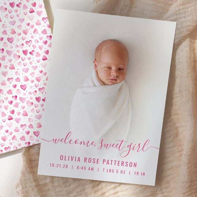 Baby Girl Pink Hört Skript Foto Birth Ankündigung (Von Creator hochgeladen)