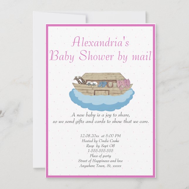 Baby Girl Pink Noah's Ark Baby Shower Einladung (Vorderseite)
