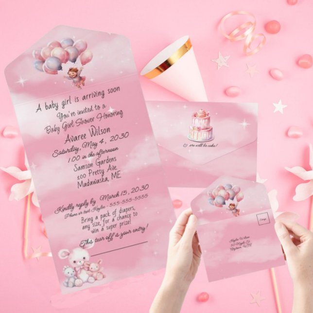 Baby Girl Pink Nuages Ballons Douche Invitation (Créateur téléchargé)