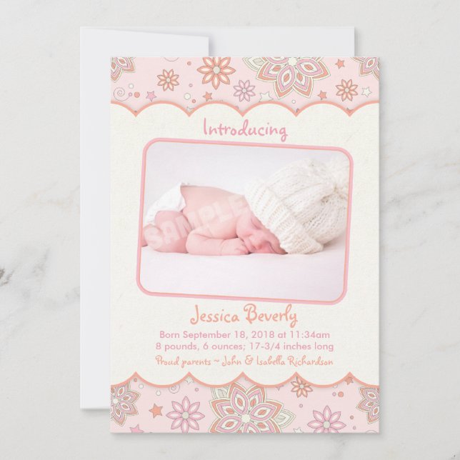 Baby Girl Pink Orange Foto Geburtsankündigung Ankündigung (Vorderseite)