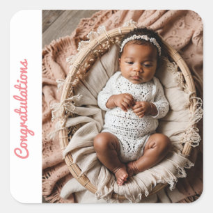 Baby Girl pink Party Foto Glückwünsche Quadratischer Aufkleber