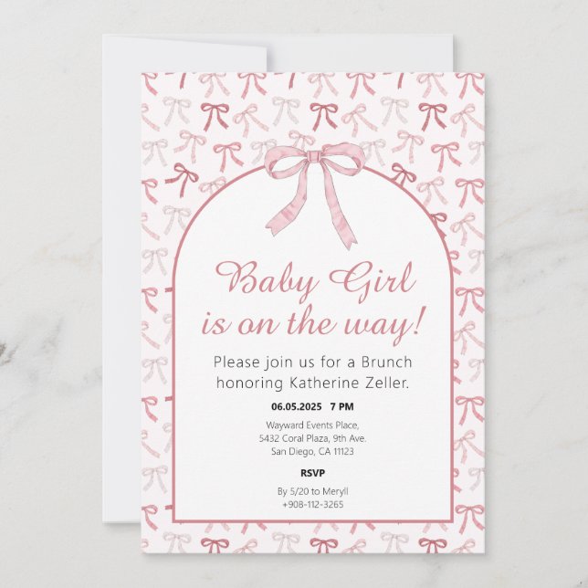 Baby Girl Pink Ribbon Bow Babydusche Einladung (Vorderseite)