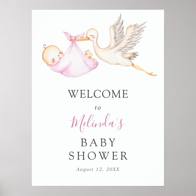 Baby Girl Pink Stork Baby Dusche Willkommenspender Poster (Vorne)