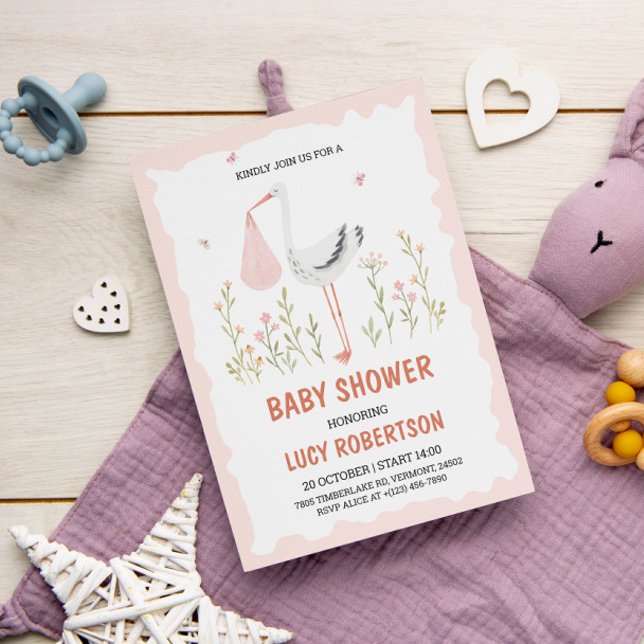 Baby Girl Pink Stork Blume Kinderdusche Einladung (Von Creator hochgeladen)