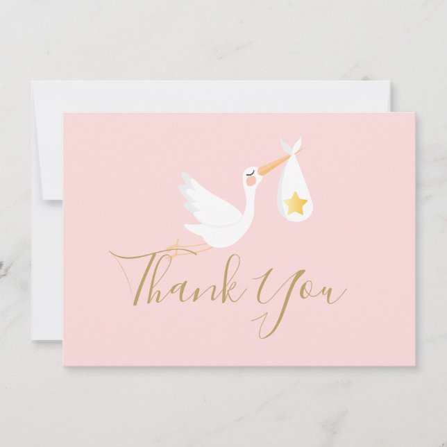 Baby Girl Pink Stork Gold Star Script Vielen Dank Dankeskarte (Vorderseite)