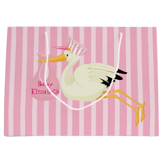 Baby Girl Pink Stripes Storch Große Geschenktüte (Vorderseite)