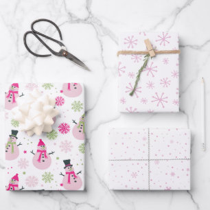 Baby Girl Pink Weihnachtsschneemänner und Schneefl Geschenkpapier Set