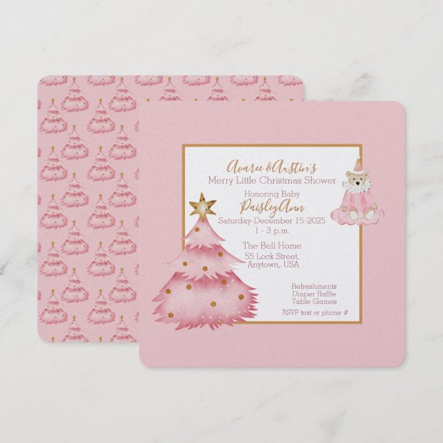 Baby Girl Pink White Christmas Tree Dusche Einladung (Vorne/Hinten)