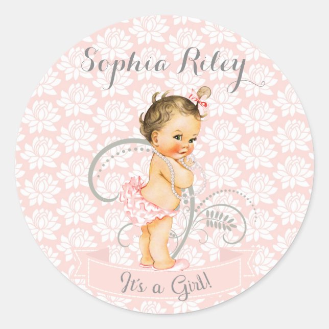 Baby Girl Pink White & Gray Runder Aufkleber (Vorderseite)