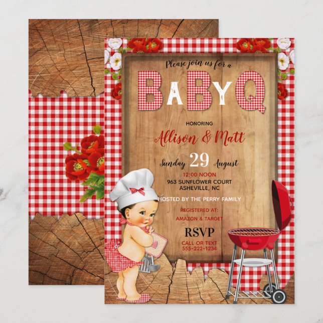 Baby Girl Red Gingham Wood Blume Baby Q Barbecue Einladung (Vorne/Hinten)