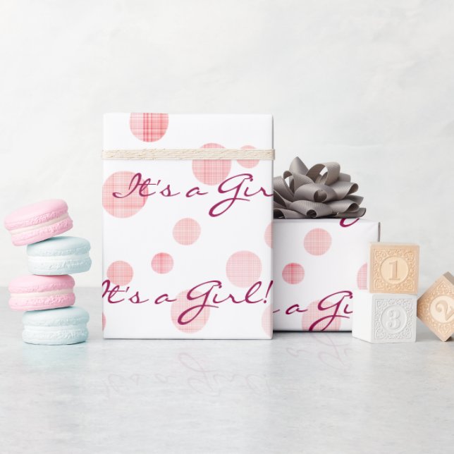 Baby Girl rosa Karierte Punkte auf Weiß Geschenkpapier (Babyparty)