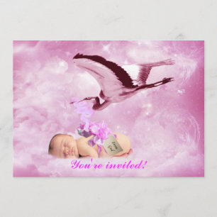 Baby Girl rosa Wolken und Storchendusche Einladung