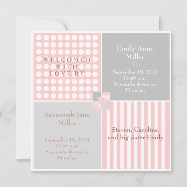 Baby Girl rose Twin moderne Faire-part photo (Devant)