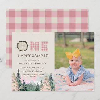 Baby Girl Rustic One Happy Camper Geburtstag Einladung