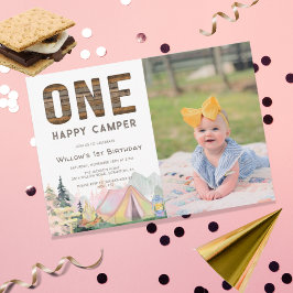 Baby Girl Rustic One Happy Camper Geburtstag Einladung