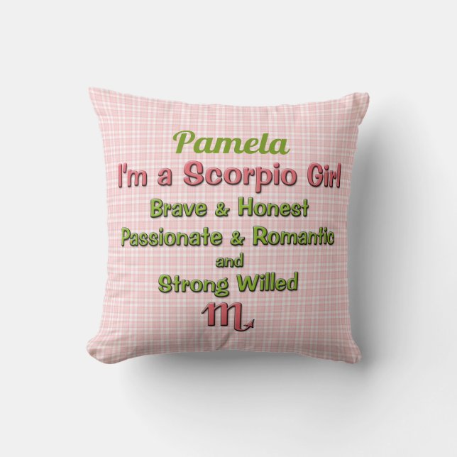 Baby Girl Scorpio Zodiac Pink und Grün mit Namen Kissen (Vorderseite)