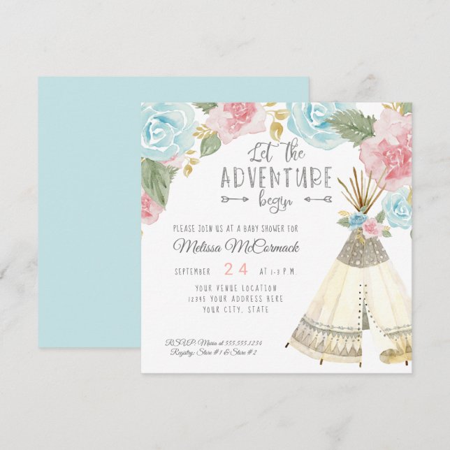 Baby Girl Shower Adventure Begin Teepee Pastel Einladung (Vorne/Hinten)