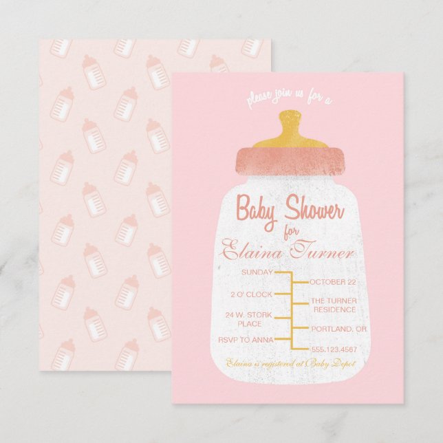 Baby Girl Shower Baby Flasche Einladung (Vorne/Hinten)