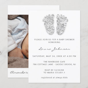 Baby Girl Shower Feet Glitter White Gray Photo Inv Einladung