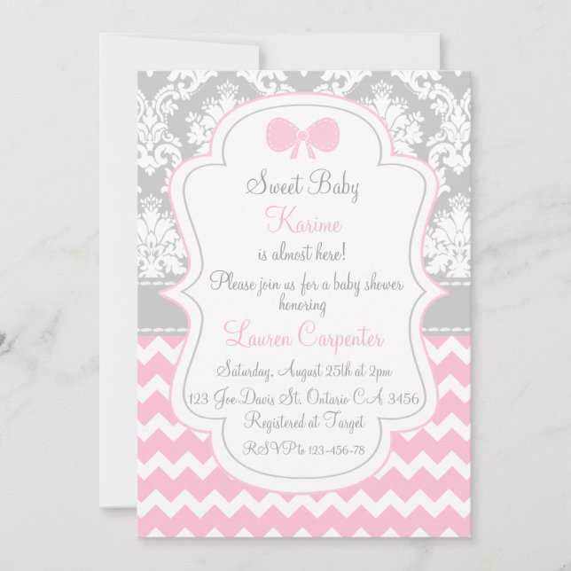 Baby girl shower invitation pink chevron and Schar Einladung (Vorderseite)