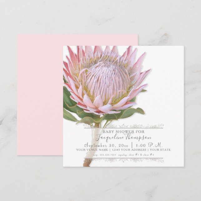 Baby Girl Shower Moderne Elegante King Protea Blum Einladung (Vorne/Hinten)