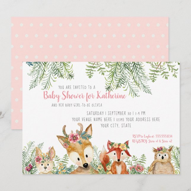 Baby Girl Shower Woodland Animals Boho Deer n Fox Einladung (Vorne/Hinten)