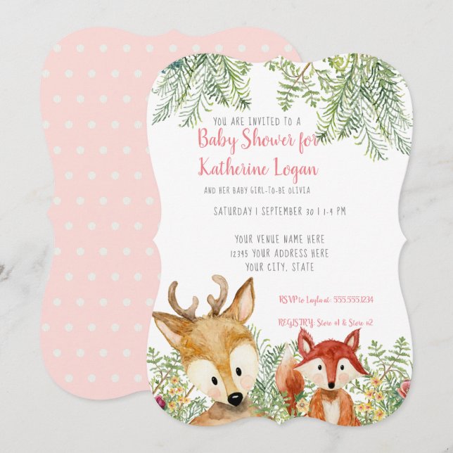 Baby Girl Shower Woodland Animals Boho Deer n Fox Einladung (Vorne/Hinten)