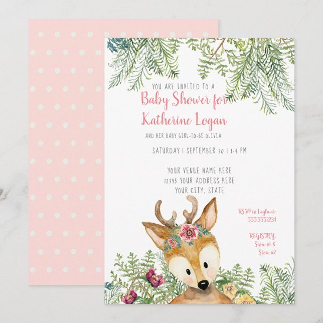 Baby Girl Showwald Boho Deer Floral Einladung (Vorne/Hinten)