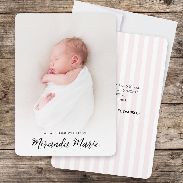 Baby Girl Simple Overlay Text Elegante Typografie (Baby birth announcement photo card with pink stripes. )