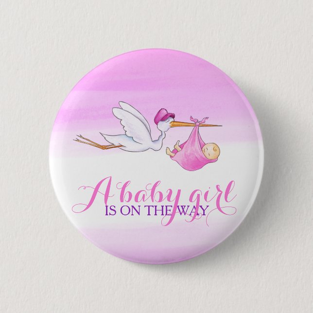 Baby Girl Storch rosa Aquarellfarben Abzeichen Button (Vorderseite)