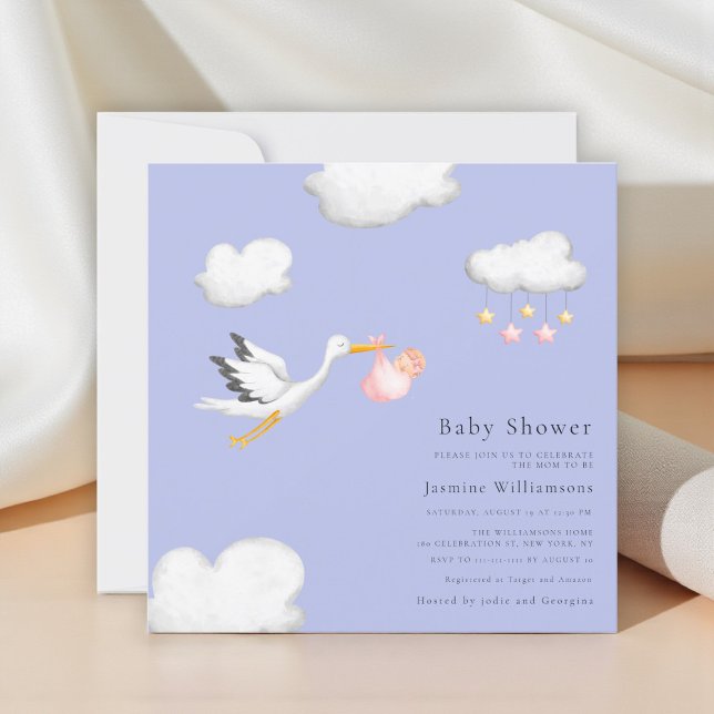 Baby Girl Stork Douche Lavender Invitation (Créateur téléchargé)