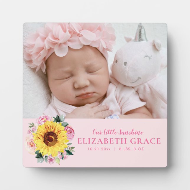Baby Girl Sunflower Pink Personalisiertes Foto Fotoplatte (Vorderseite)
