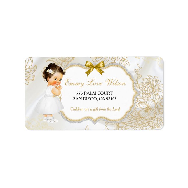 Baby Girl Taufe Christening Communion Gold White Adressaufkleber (Vorne)