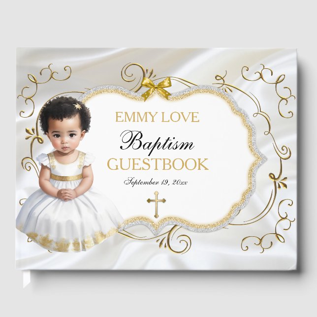 Baby Girl Taufe Christening White & Gold Cross Gästebuch (Vorderseite)