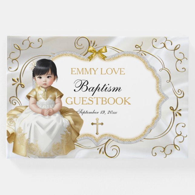 Baby Girl Taufe Christening White & Gold Cross Gästebuch (Vorderseite)