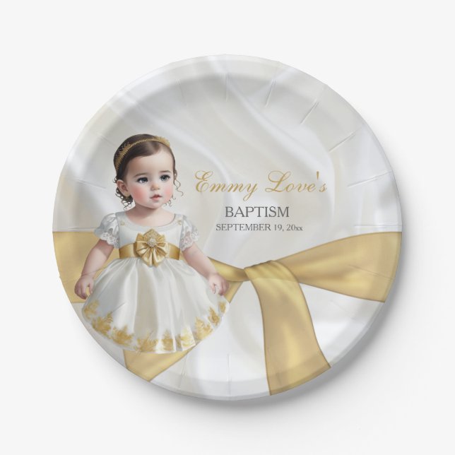 Baby Girl Taufe Christening White & Gold Pappteller (Vorderseite)