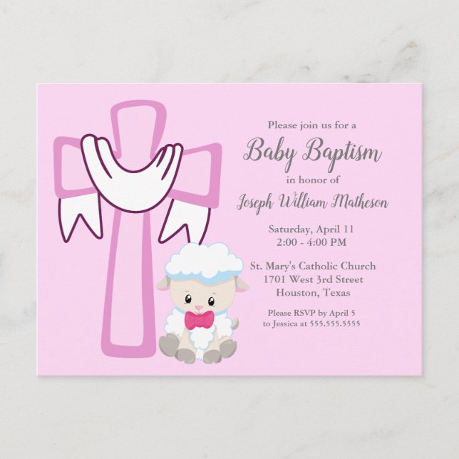 Baby Girl Taufe Kleines Lamm Niedlich rosa Einladu Postkarte (Vorderseite)