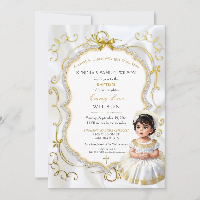 Baby Girl Taufe Kommune Christening White Gold Einladung (Vorderseite)