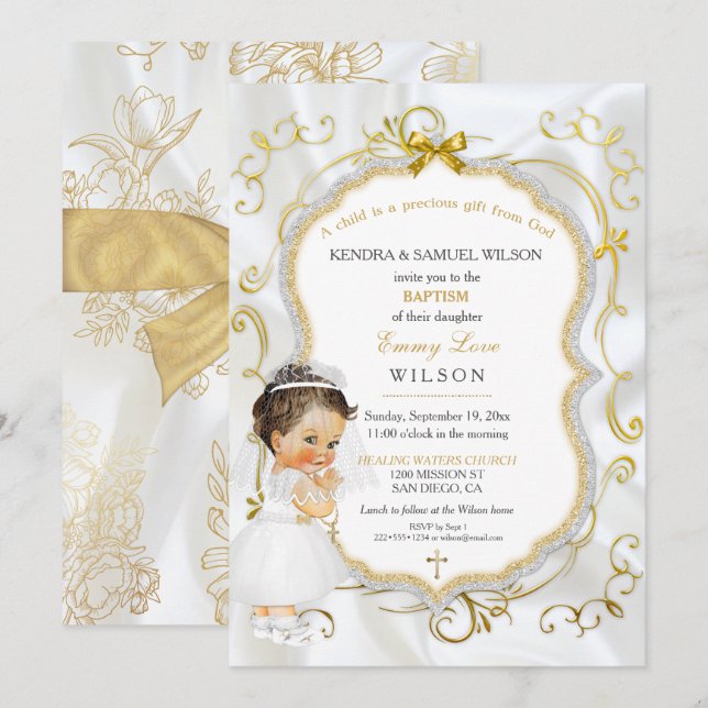 Baby Girl Taufkommunion Gold Cross Einladung (Vorne/Hinten)