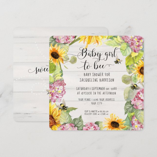 Baby Girl to Bee Sonnenblume Pink Hydrangeas Dusch Einladung (Vorne/Hinten)