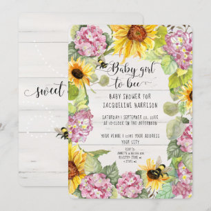 Baby Girl to Bee Sonnenblume Pink Hydrangeas Dusch Einladung