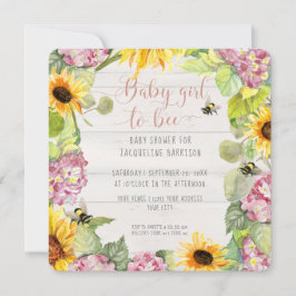 Baby Girl to Bee Sonnenblume Pink Hydrangeas Dusch Einladung